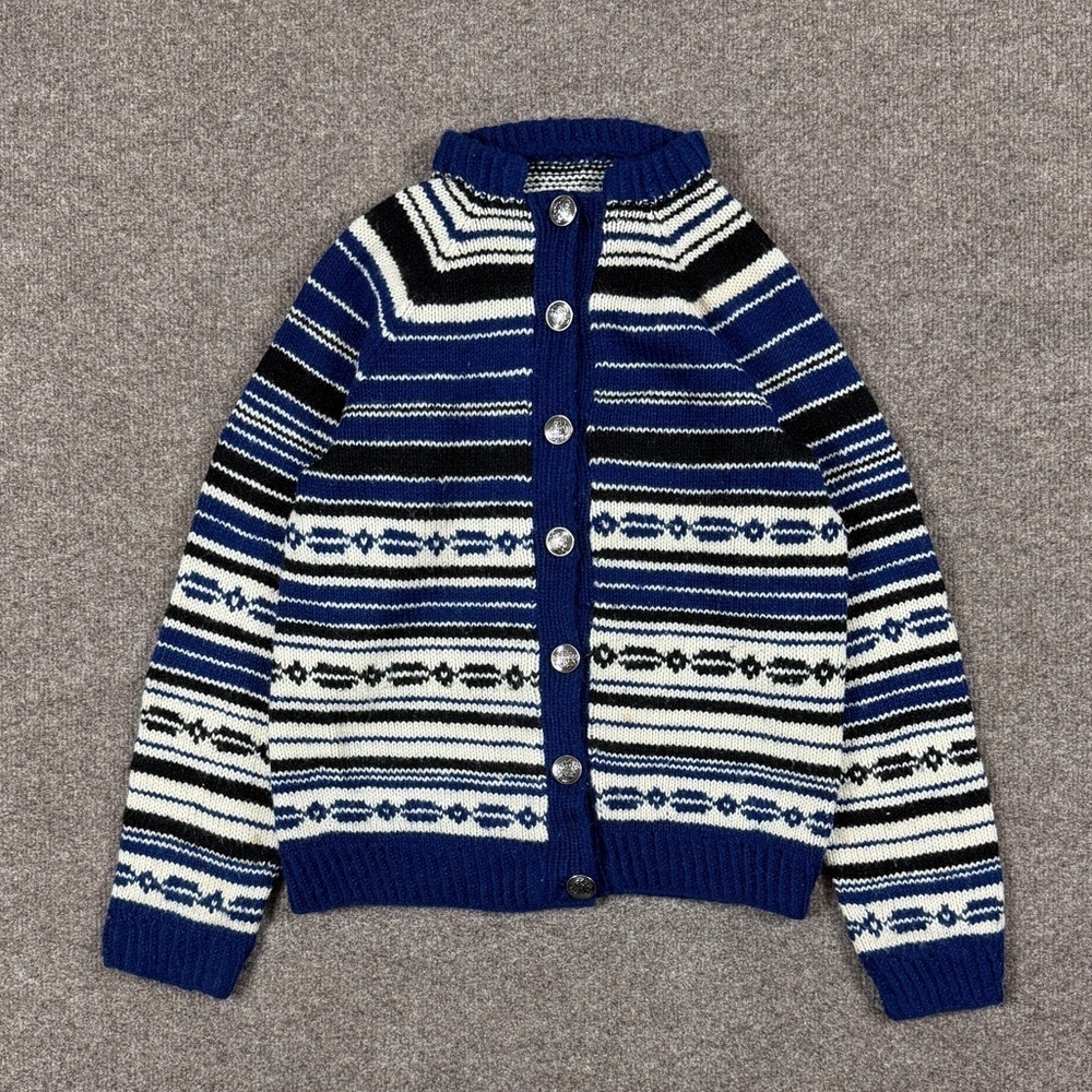 Hand Knit Blue Striped Cardigan Sweater Women’s XS/S Ski Cabin Nordic Fair Isle